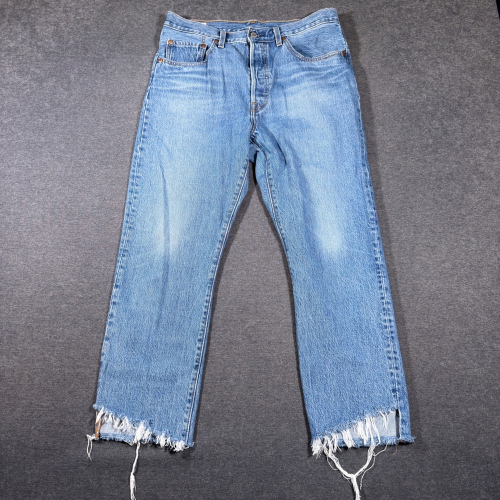 Levi's 501 Premium Jeans Women 30x26 Blue Straight Leg Raw Hem Button Fly Denim